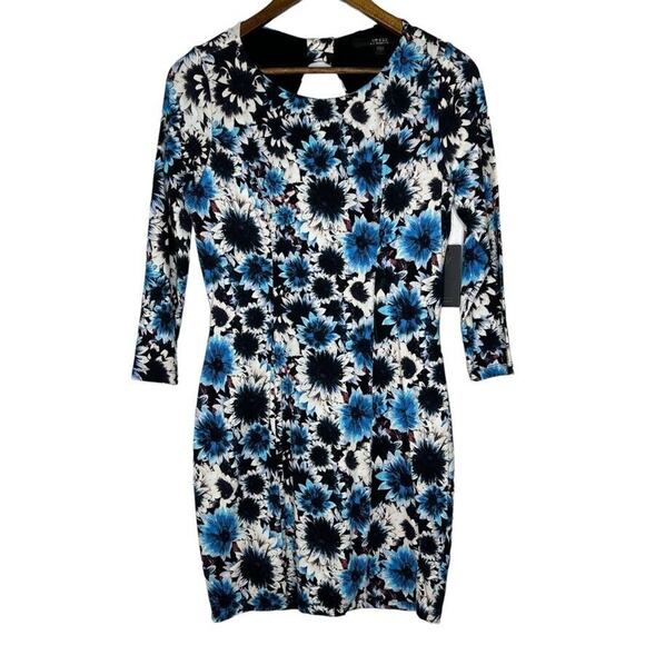 Guess Blue Radiance White Daisy Print Back 3/4 Sleeve Mini Dress L Women NEW - Picture 1 of 13